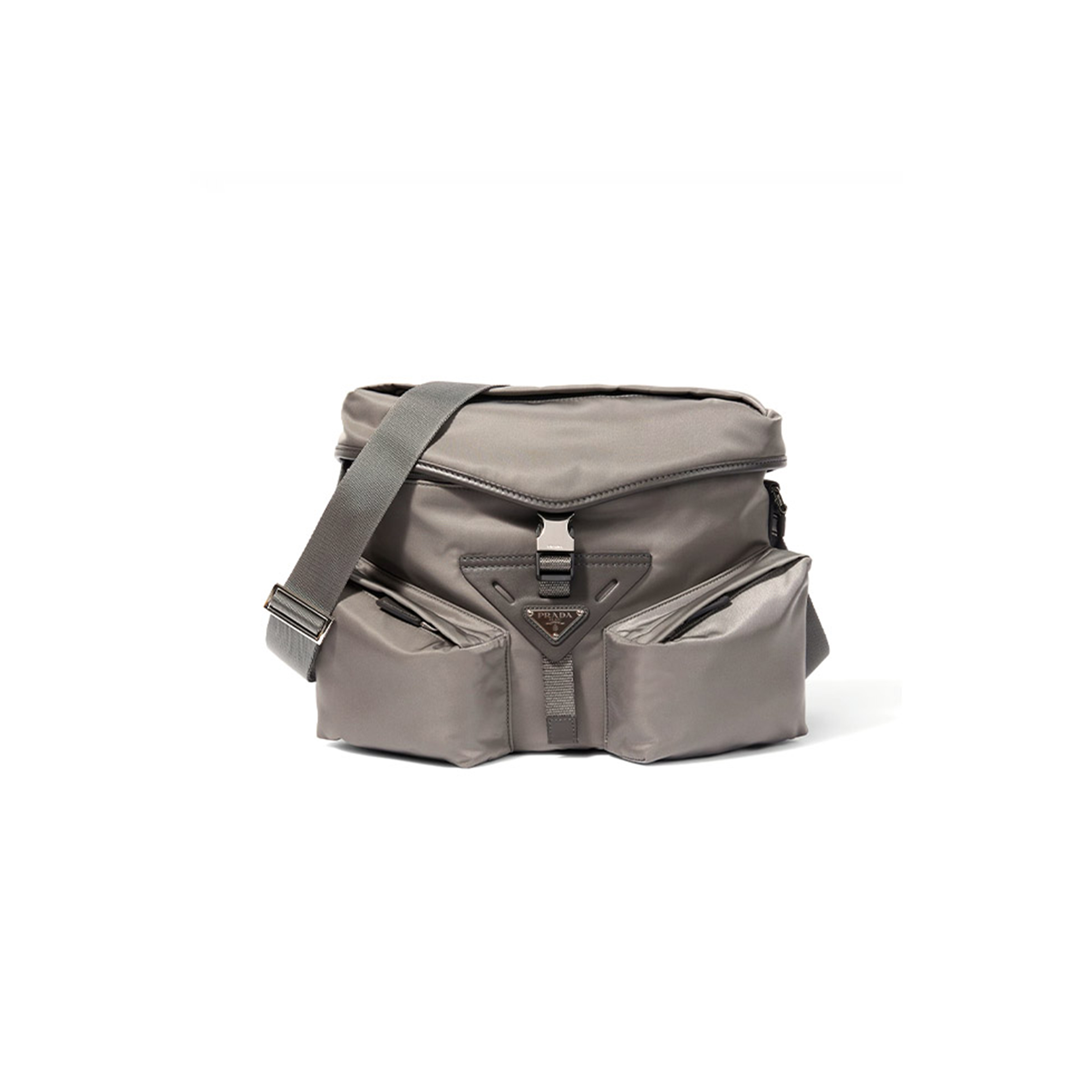 PRADA IRON GRAY RE-NYLON AND LEATHER SHOULDER BAG 2VD062 (29*23*15cm) 